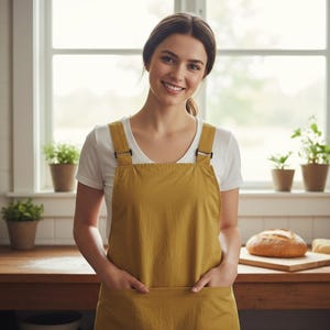 Op de afbeelding: Een vrouw draagt een mosterdgele schort over een wit T-shirt in een keuken. De schort heeft verstelbare bandjes en een voorzak. Een brood ligt op een houten plank.
