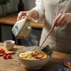 May include: A bowl of ramen with noodles, egg, meat, and vegetables. A ceramic sauce dispenser with a fish design is being used to pour sauce into the bowl. Wooden chopsticks are also being used. The food is on a wooden table.