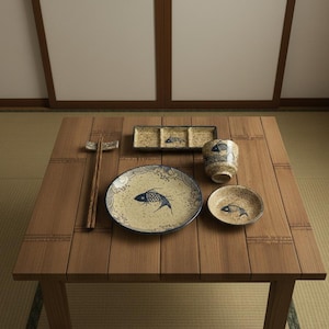 Puede incluir: Una mesa de madera exhibe un juego de comedor de estilo japonés. El juego incluye platos, una taza y un plato rectangular, todos con un fondo beige y diseños de peces azules. También hay palillos y un reposapalillos.