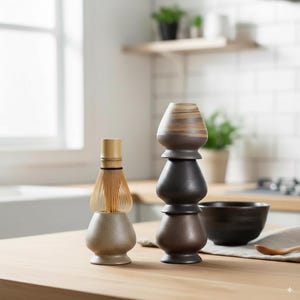 May include: A matcha tea whisk and a stack of three ceramic pieces in shades of brown and black sit on a wooden surface. A dark brown bowl and a wooden spoon are also visible, suggesting a tea preparation setting.