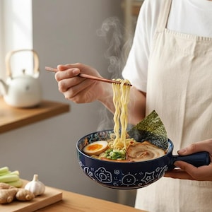 May include: A blue ceramic ramen bowl with a handle, filled with noodles, egg, meat, and seaweed. Chopsticks hold up a portion of the noodles. The bowl has a decorative pattern of smiling faces and stars.