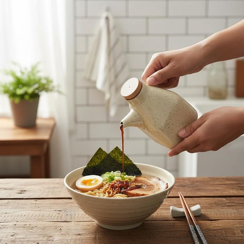 May include: A person pouring sauce from a speckled ceramic dispenser with a wooden lid over a bowl of ramen. The ramen includes noodles, a soft-boiled egg, nori seaweed, and green onions. Chopsticks rest on a white chopstick holder.