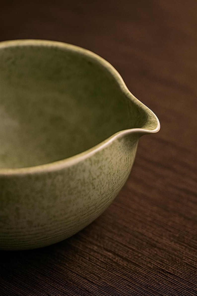 May include: Close-up of a green ceramic bowl with a spout. The bowl has a textured surface and a light-colored rim. The bowl is set against a dark brown wooden background.