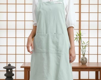 Japanese Linen Apron – Minimalist Pinafore Smock with Pockets
