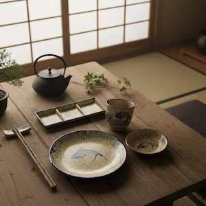 Könnte beinhalten: Ein japanisch inspiriertes Esszimmer-Arrangement mit einer schwarzen Teekanne, einem kleinen Bonsai-Baum und verschiedenen Keramikgeschirren. Das Geschirr umfasst einen Teller, eine Schüssel, eine Tasse und ein rechteckiges Tablett, alle mit Fischmotiven. Essstäbchen und eine Stäbchenablage sind ebenfalls vorhanden.