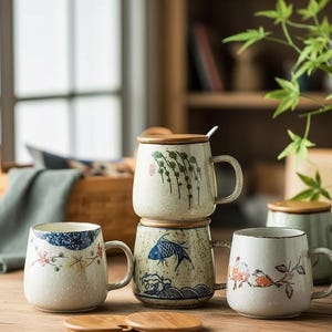 Japanische Retro Keramikkaffeetasse mit Deckel und Löffel 350ml - 380ml - 12,8 oz