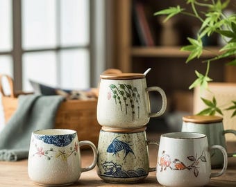 Japanese Retro Ceramic Coffee Mug With Lid And Spoon 350ml - 380ml - 12.8 oz