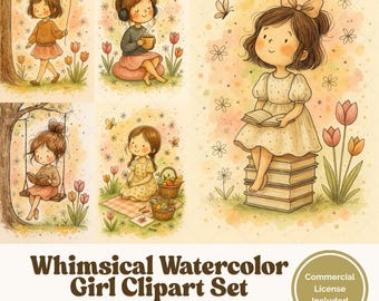 Conjunto de imágenes prediseñadas de una chica de acuarela: ilustraciones acogedoras y tiernas