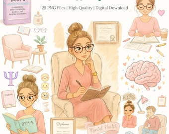Imágenes prediseñadas de psicología / Salud mental PNG / Ilustraciones de consultorio / Asesoramiento, cerebro, DSM-5, silla de terapia / Descarga digital