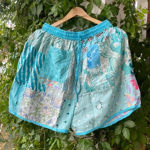 Women’s Patchwork Shorts, Boho Hippie Shorts, Turquoise Rayon Shorts, Colorful Festival Shorts, Elastic Waist Summer Shorts, Beach Shorts