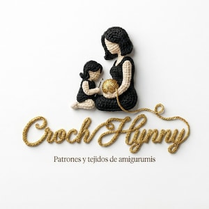 Puede incluir: Una figura de ganchillo de un adulto y un niño con pelo negro y ropa negra, el adulto sostiene un ovillo de lana dorado. Debajo, el texto dice Croch Flynny y Patrones y tejidos de amigurumis en una fuente dorada tipo hilo.