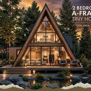 Op de afbeelding: Een A-frame tiny house met grote ramen, omringd door bomen. Het huis heeft een houten buitenkant en een zwart dak. Tekst op de afbeelding luidt: "2 BEDROOM A-FRAME TINY HOUSE" en "TOTALE OPPERVLAKTE: 70,6 m²".