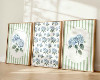 Hydrangea Nursery Wall Art Set: Blue Florals on Green Striped and Botanical Backgrounds