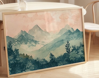 Lámina de paisaje de montaña brumosa: Arte mural de naturaleza en acuarela (Descarga digital)