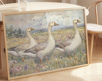 Vintage Goose Nursery Wall Art: Cottagecore Farmhouse Print, Meadow Flowers Country House