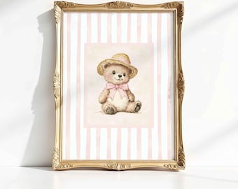 Vintage Teddy Bear Nursery Wall Art: Coquette Pink Striped Baby Girl Printable Print