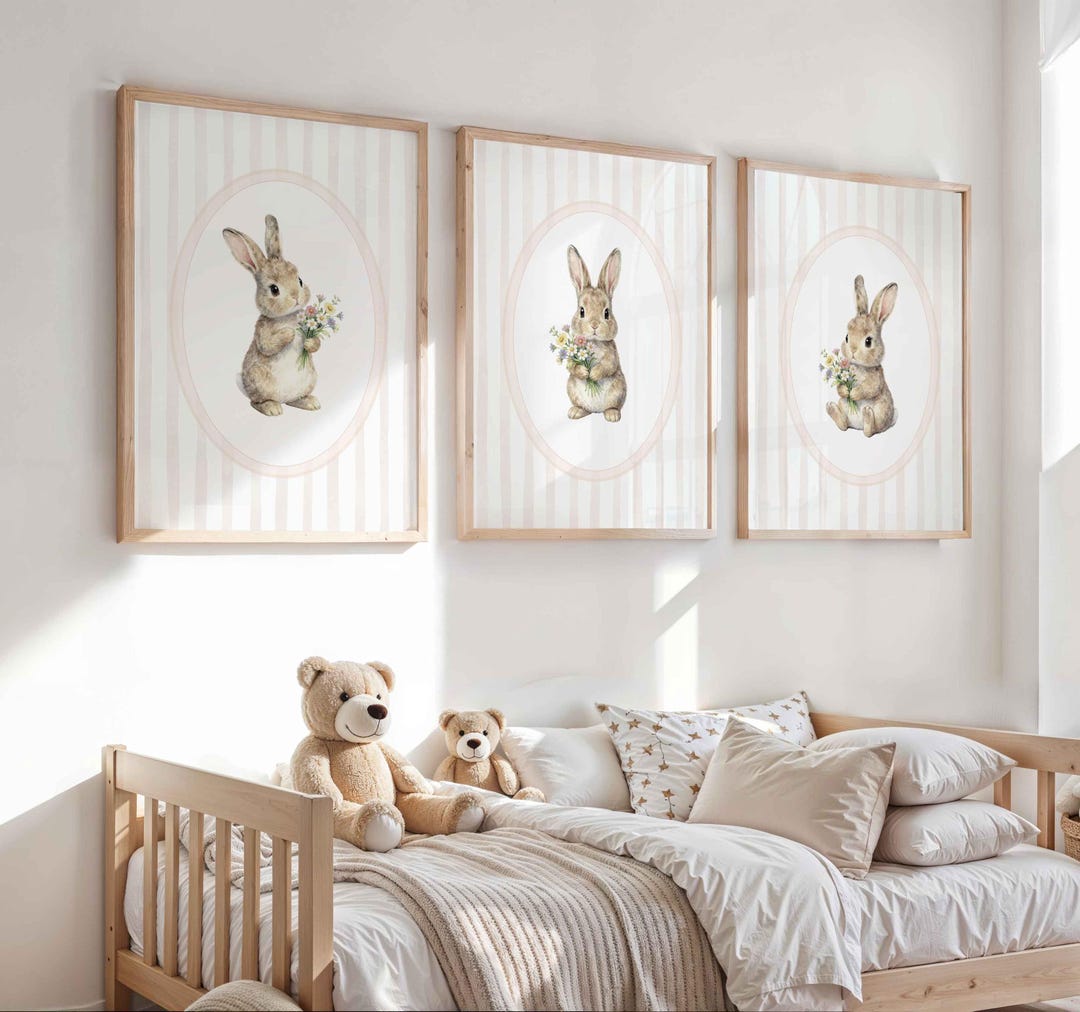 Bunny With Flowers Nursery Wall Art: Set of 3 Rabbit Prints (girl Room ...