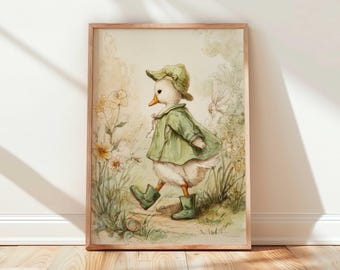 Storybook Goose Nursery Print: Vintage Goose in Green Coat & Boots (Baby Room Wall Art)
