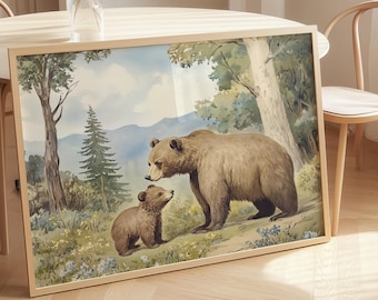 Bear Family Nursery Prints: Vintage Woodland Watercolor Wall Art, Forest Illustration
