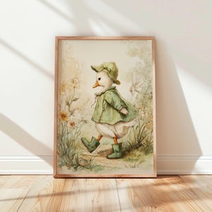 Printable storybook nursery wall art set with deer, bunny, and goose, including a bear reading a book, digital download for kids’ room decor.