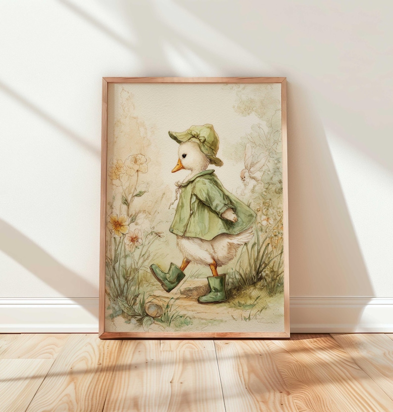 Printable storybook nursery wall art set with deer, bunny, and goose, including a bear reading a book, digital download for kids’ room decor.