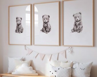 Woodland Sketch Prints: Baby Bear Art for Neutral Nursery (Digital Download)