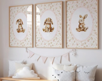 Cottagecore Bunny Nursery Prints: Floral Baby Rabbit Wall Art Set (Girl Room Printable)