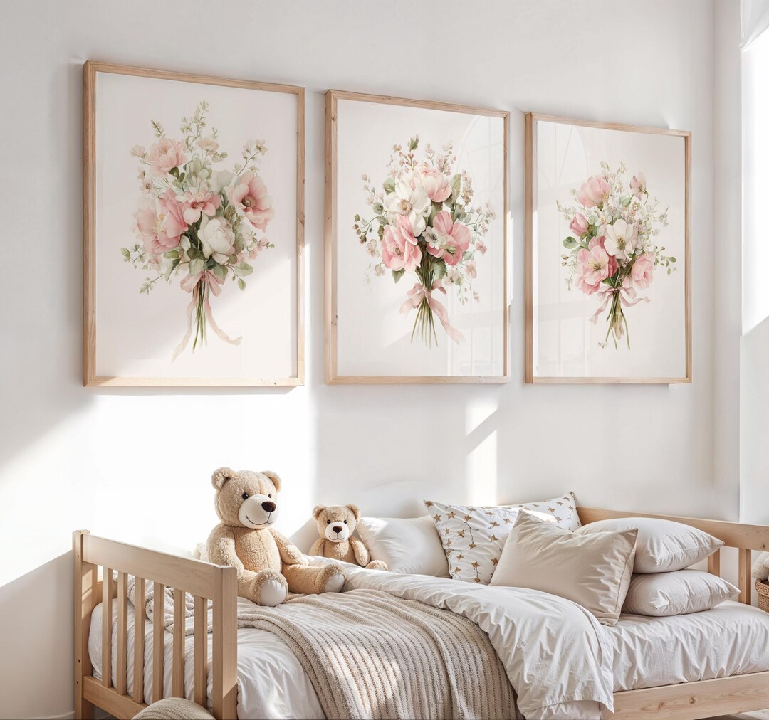 Girl Wildflowers Nursery Prints: Pink Floral Wall Art With Ribbons ...