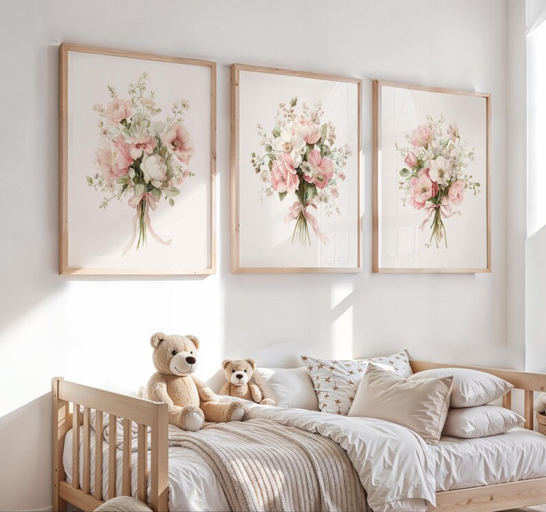 Girl Wildflowers Nursery Prints: Pink Floral Wall Art With Ribbons ...