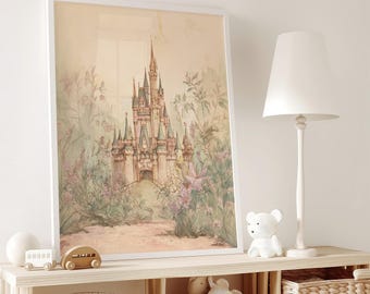 ストーリーブックファンタジー城の壁アート：魔法にかけられた女の子の部屋のプリント、おとぎ話の保育園のイラスト