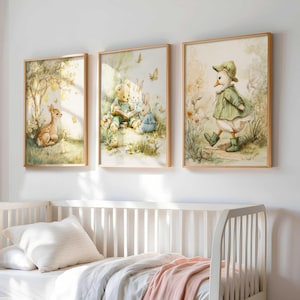 Printable storybook nursery wall art set with deer, bunny, and goose, including a bear reading a book, digital download for kids’ room decor.