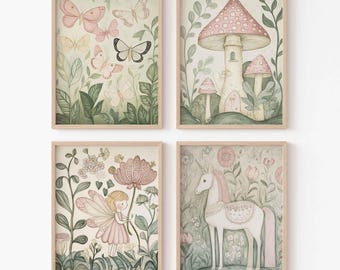 Enchanted Woodland Nursery Wall Art Gallery: Fairy, Unicorn, Butterflies, and Mushroom Prints (Girl Room)