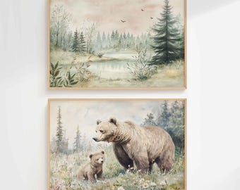 Vintage Bear & Forest Prints: Woodland Nursery Wall Art, Cottage Nature Baby Room