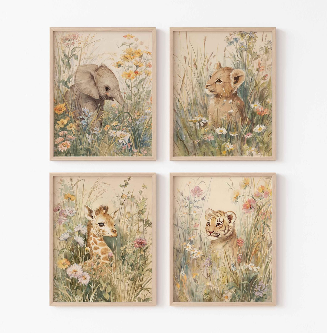 Vintage Safari Baby Animals Nursery Gallery Wall Art: Elephant, Lion ...