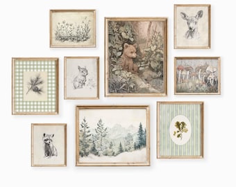 Galleria di decorazioni murali per camerette Woodland Forest Nursery: stampe di animali vintage (set di decorazioni neutre per camerette)