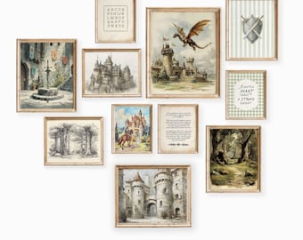 Vintage Kingdom Nursery Wall Art Set: Medieval Castle, Dragon & Knight Prints (Boy Room Decor)