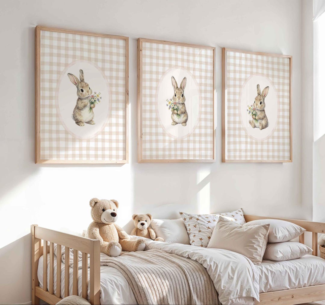 Neutral Vintage Bunny With Flowers Nursery Wall Art Set 3: Girl Room ...
