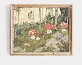 Sztuka ścienna z krasnalem i grzybem w stylu vintage: wydruk Cottagecore Forest do pokoju dziecięcego i wystroju domu