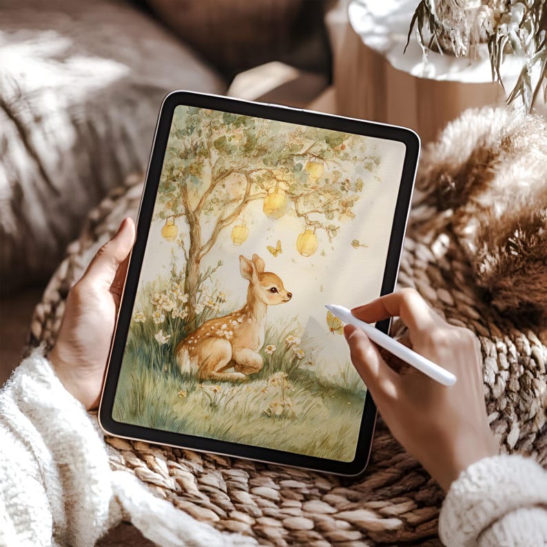 May include: A digital illustration of a fawn resting under a tree with glowing orbs, displayed on a tablet. The artwork features soft colors, butterflies, and delicate floral details. A white stylus is held near the screen.