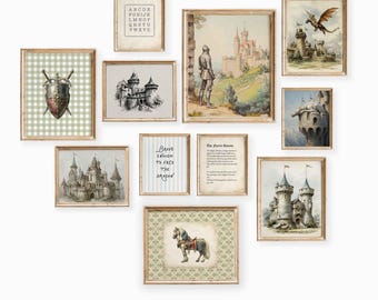 Vintage Mittelalter Kinderzimmer-Galerie: Königreich Wand-Kunst-Set, Burg, Ritter und Drache Drucke