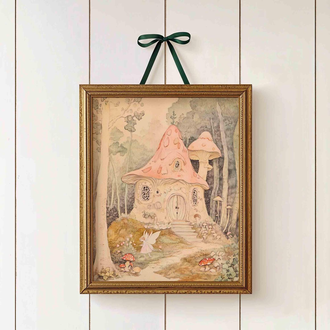 Enchanted Mushroom Cottage Nursery Print: Vintage Fairy Forest Wall Art ...