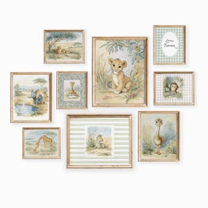 May include: A collection of framed watercolor prints featuring safari animals. The artwork includes a lion cub, elephant, giraffe, zebra, and ostrich. The frames are a light brown color, and the prints have a vintage aesthetic.