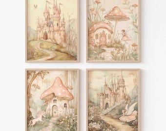 Vintage Märchen Kinderzimmer Drucke: Magische Bilderbuch Mädchenzimmer Bilder (Fee, Einhorn, Schloss)