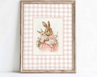 Mother Bunny with Baby on Beige Gingham Background: Woodland StoryBook Baby Girl Wall Art
