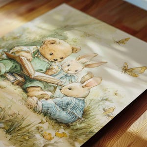 Printable storybook nursery wall art set with deer, bunny, and goose, including a bear reading a book, digital download for kids’ room decor.
