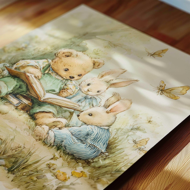 Printable storybook nursery wall art set with deer, bunny, and goose, including a bear reading a book, digital download for kids’ room decor.