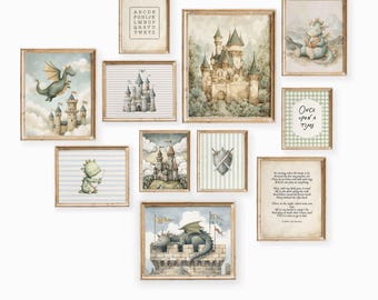 Vintage Watercolor Kingdom Nursery Prints Set: Dragons, Castles, Animals, Storybook Art Boy