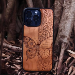 Wooden iPhone Case with Intricate Butterfly Engraving |  Ideal Gift for Art & Nature Lovers