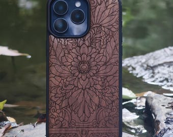 Unique Walnut iPhone Case with Floral Engraving | Elegant Natural Art Gift