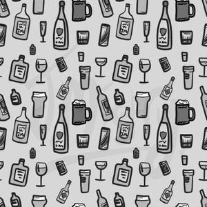 May include: A grayscale pattern featuring various beverage containers. The design includes bottles, glasses, mugs, and cans, all in a hand-drawn style. The background is a solid light gray.